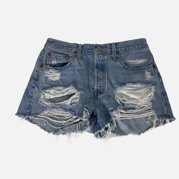 Levi’s Women’s 501 Jean Shorts Denim Ripped Button Fly Size W28 Faded Blue - Picture 5 of 13